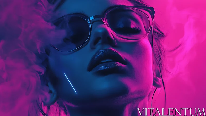 Neon lit portrait of person in glasses with vapor clouds.