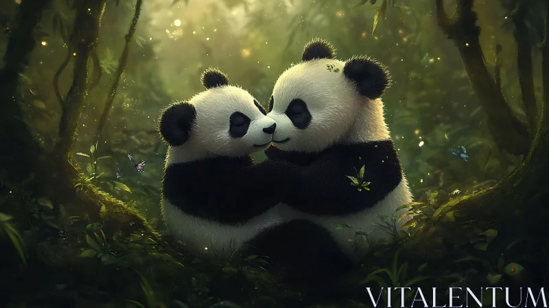 Gentle panda pair share a tender hug in a glowing forest