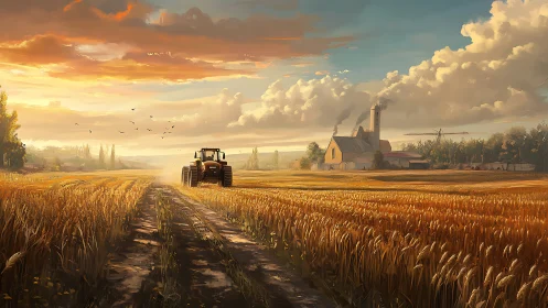 Golden-hour tractor crossing wheat fields toward millscape.