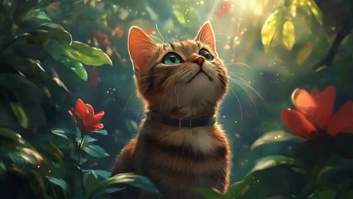 Golden Hour Feline in Enchanted Garden Setting.