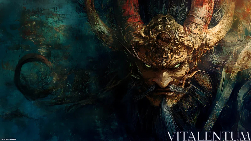 Demonic warlord portrait with gilded horned crown looming.