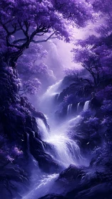 Enchanted violet waterfall flowing through dreamlike forest.