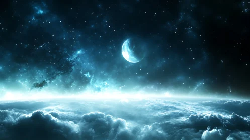 Luminous lunar horizon above stratified nebular cloudscape