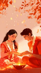 Indian couple in traditional attire beside ceremonial fire.