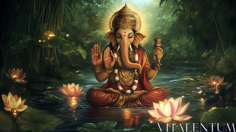 Ganesh idol rendered in luminous lotus pond with volumetric light