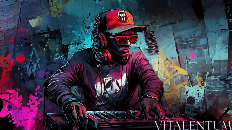 DJ wearing headphones mixes music on vivid neon console