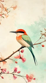 Colorful songbird rests among delicate spring blossoms.