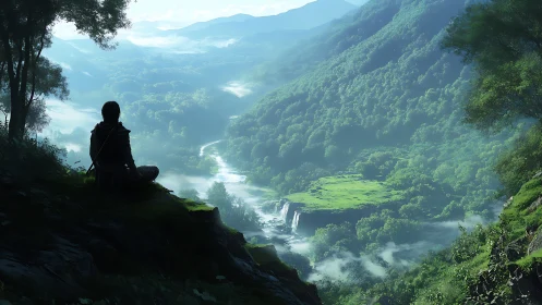 Solitary wanderer overlooking a mist-laced emerald valley.
