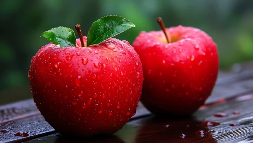 Photorealistic close-up of dewy red apples on wet wood.