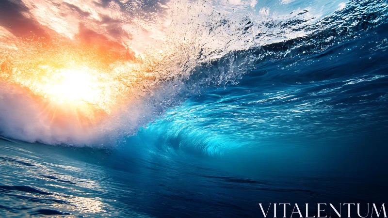 Sunfire colliding with a sapphire wave in luminous roar.