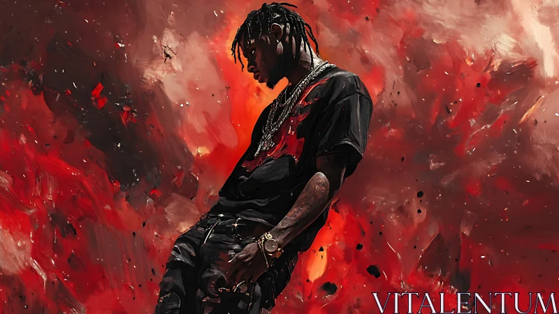 Brooding hip hop figure leans into swirling red energy storm