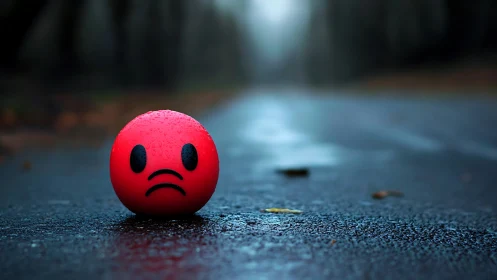 Red sad emoticon ball rests on wet asphalt in shallow focus
