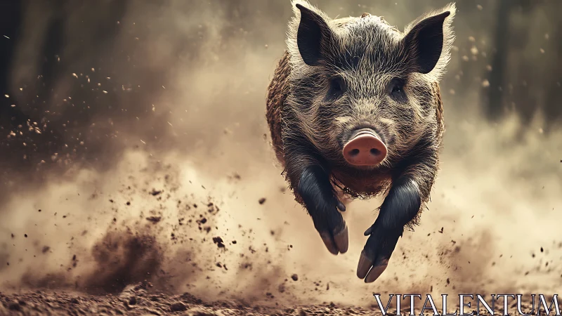 Wild boar sprinting through dust in dynamic close-up shot.