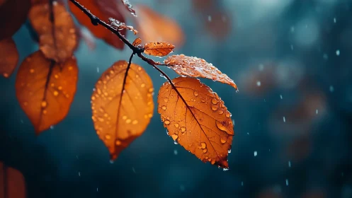 Macro study of rain soaked amber leaves in shallow depth of field.