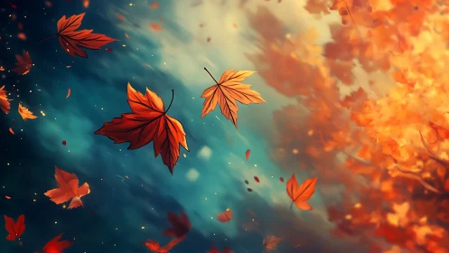 Autumn maple leaves swirl through teal light and mist