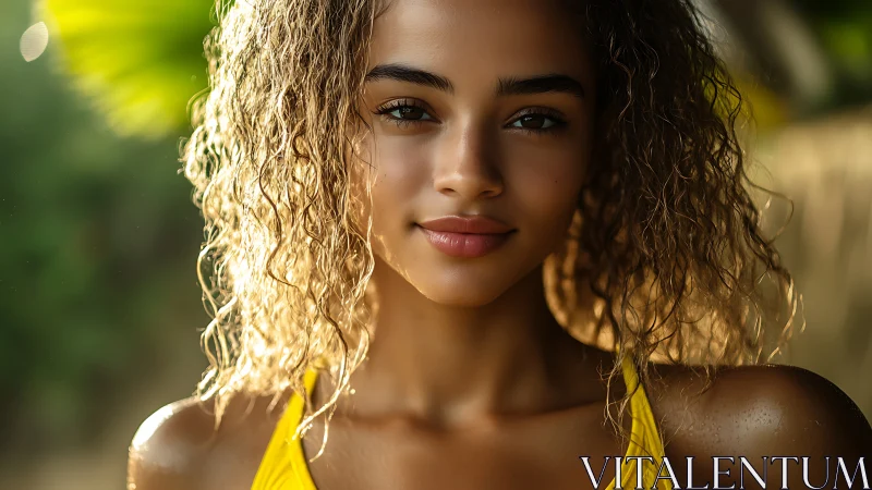 Sunlit beach portrait of a relaxed, confident young woman.