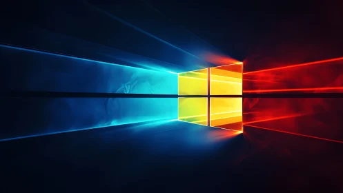 Windows style glowing window logo with blue and red light beams.