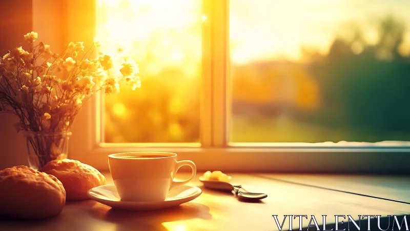 Coffee cup, bread and flowers by bright sunlit window.