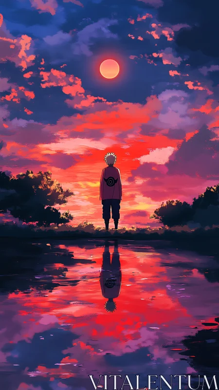 Backlit figure under eclipsed sun with mirrored sky reflection.