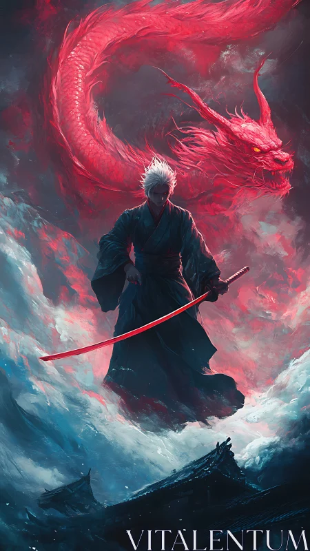 Samurai figure with red dragon in turbulent cloudscape.