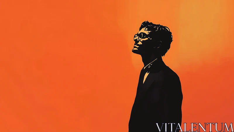 Silhouetted male figure in profile against orange field.