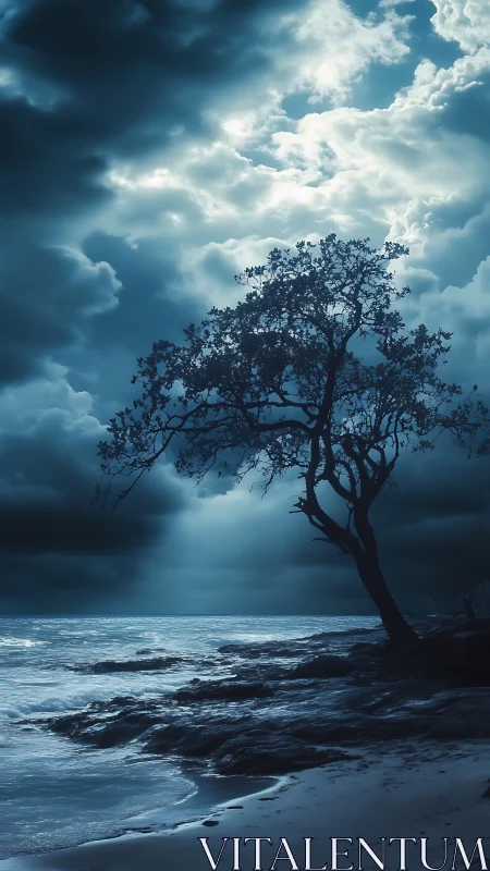 Solitary coastal tree under dramatic moonlit storm sky.