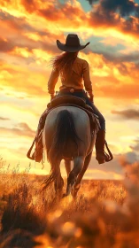 Sunset trail ride with a lone cowgirl in glowing fields.
