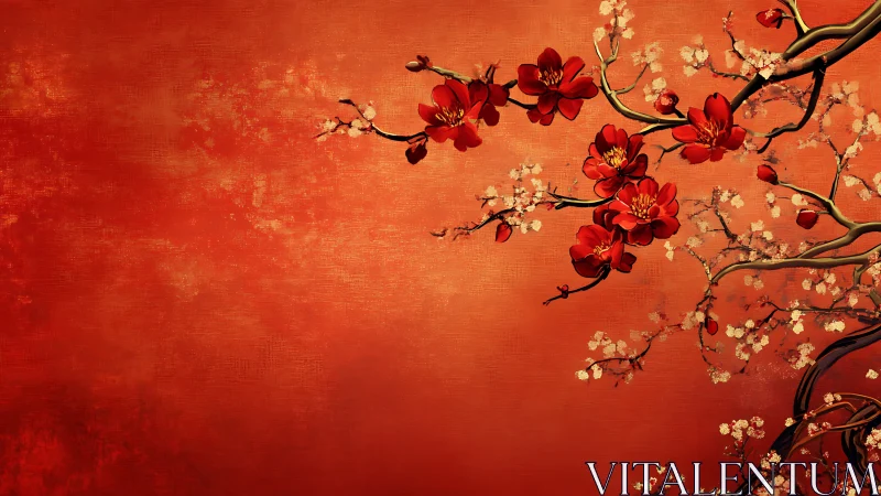 Red cherry blossom branches curve across textured orange