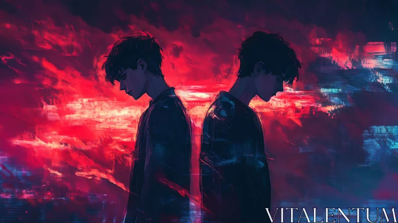 Two mirrored figures stand apart in a storm of neon color