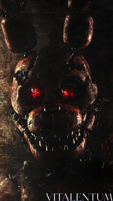 Rust-bitten nightmare rabbit grins through burning red eyes