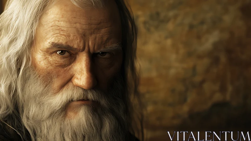 Elderly bearded man in warm chiaroscuro digital close-up portrait.