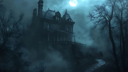 Moonlit Victorian manor rendered in high-contrast atmospheric fog