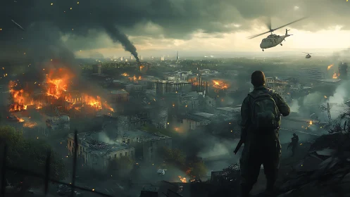 Tactical observer surveying heli-assisted urban firestorm theater.