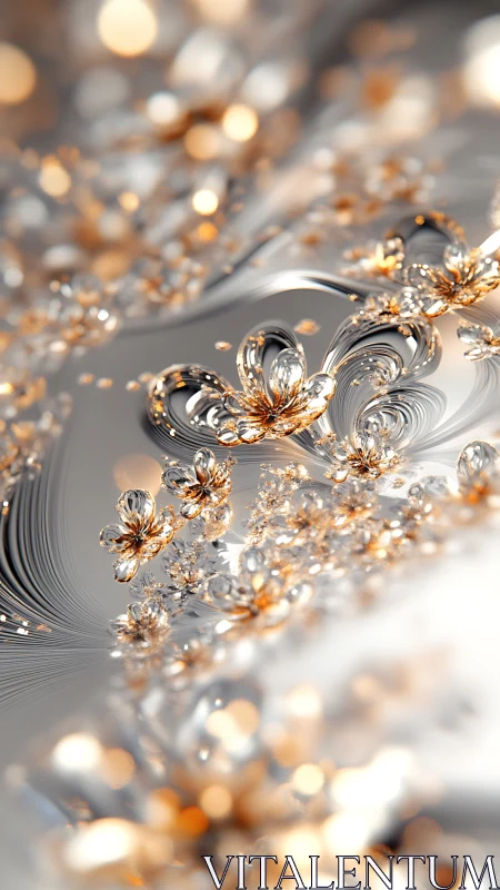 Silver and gold fractal flowers in flowing metallic field.