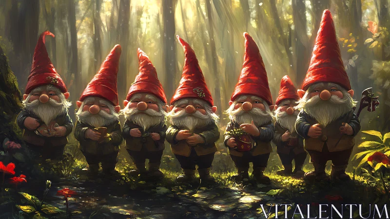Forest gnome lineup under sunlit woodland canopy.
