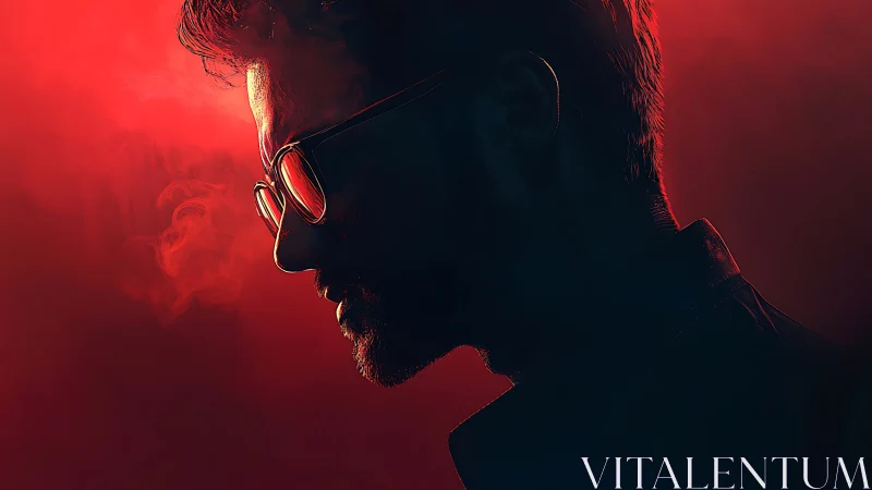 Low key red backlit male silhouette with reflective glasses