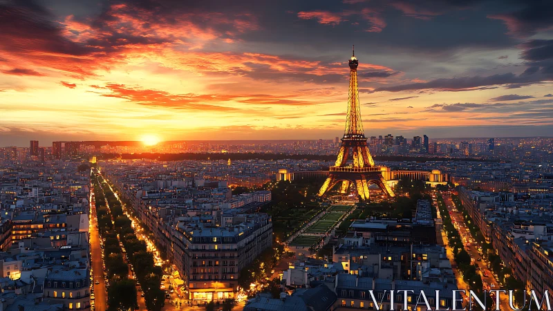 Eiffel Tower ignites Paris beneath a molten sunset sky.
