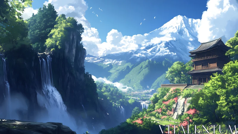 Mountain temple overlooks cascading waterfalls and valley