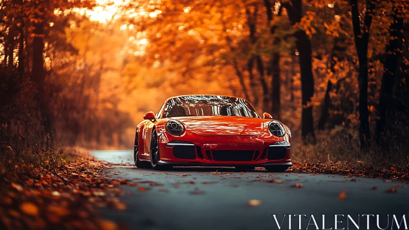 Scarlet sports car prowls a blazing autumn forest road.