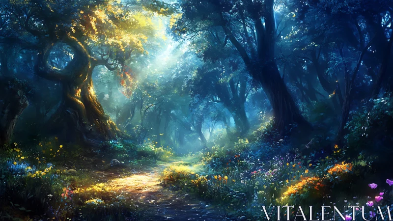 Luminous Forest Pathway: Arboreal Canopy with Radiant Illumination and Chromatic Florals.