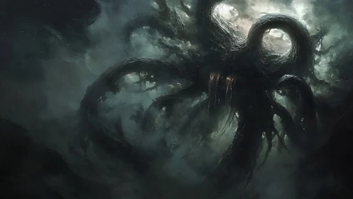 Eldritch abyssal leviathan emerging through cosmic storm.