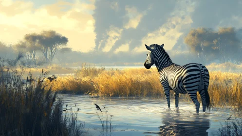 Stripe-backed daydreamer wading through golden savanna light.