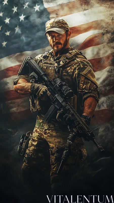 Battle-ready soldier posed before textured US flag backdrop.