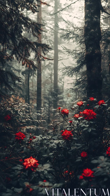 Red Flowers Bloom Among Towering Evergreen Forest Trees