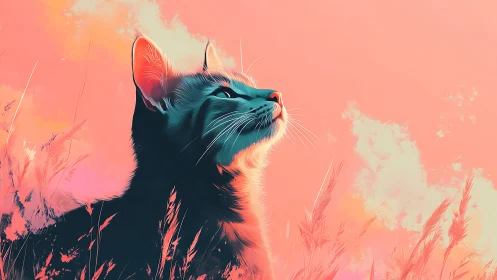 Feline Gazing Skyward Against Sunset Gradient.