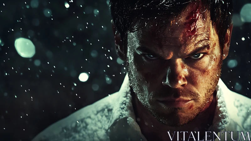 Rain soaked male portrait shows intense gaze and directional bokeh lighting