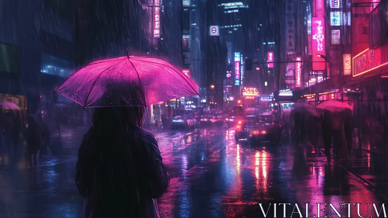 Neon rainwalker beneath electric magenta umbrella dreams.