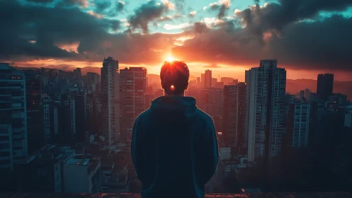 Silhouette of person observing high rise city at sunset.
