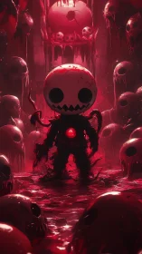 Macabre doll stands amid melting skulls in blood-red void.
