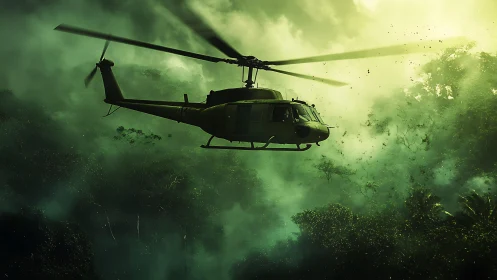 Helicopter gliding through misty jungle light and swirling fog.